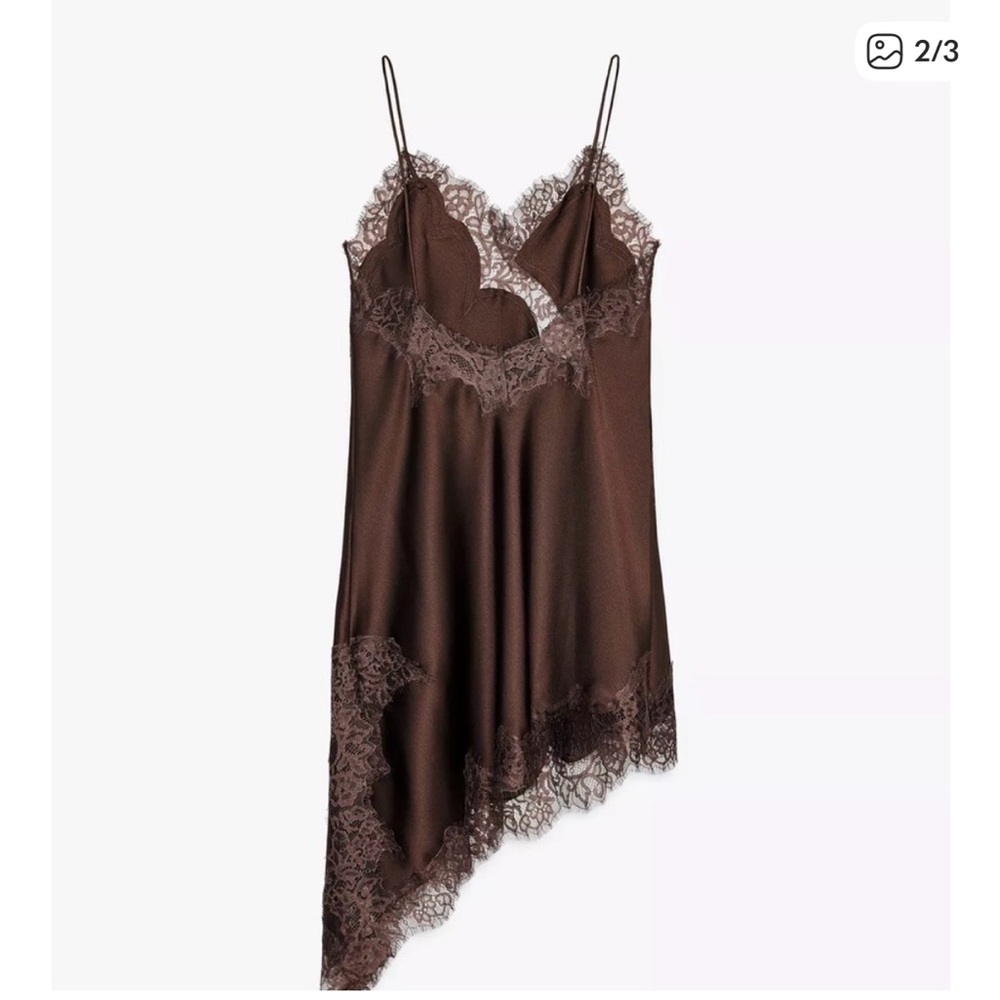 ZARA BROWN SATIN ASYMMETRICAL DRESS (S) BNWT - Picture 3 of 5